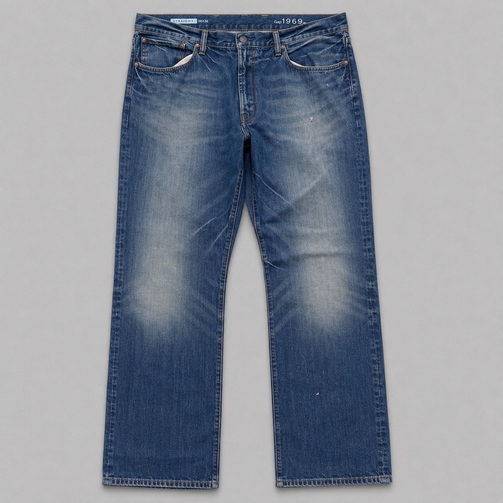 Gap‎ 1969 Mens Straight Leg Jeans 38x32 Medium Wash Blue Button Fly Denim